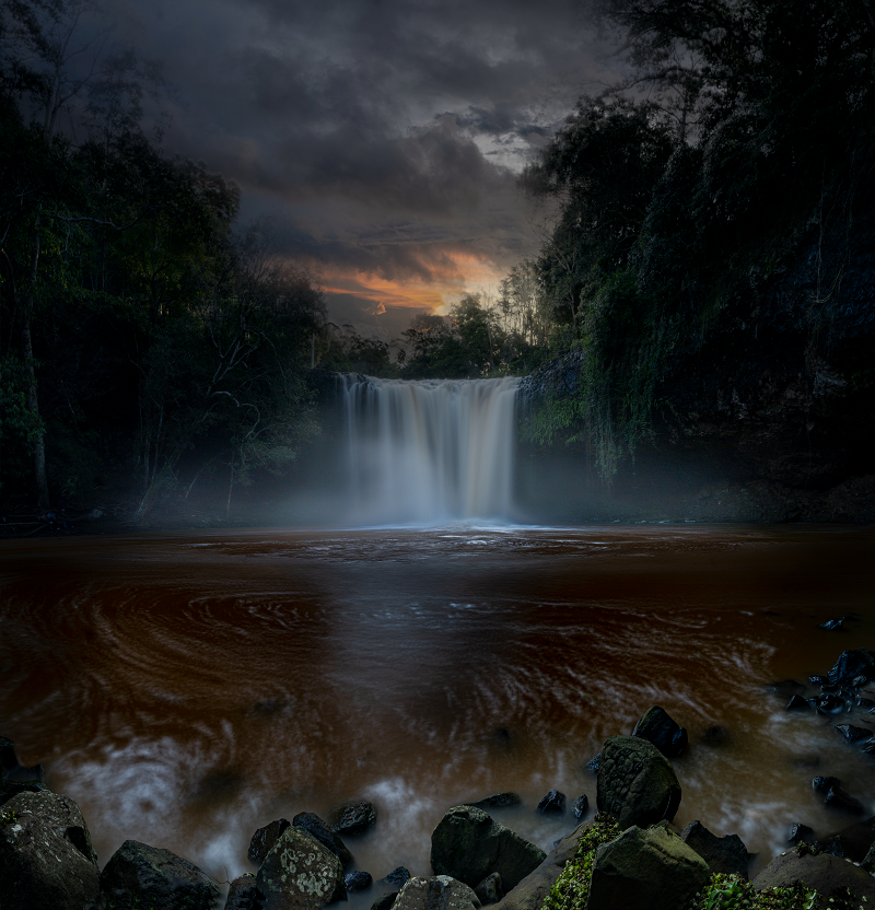 Killen Falls on a stormy sunset