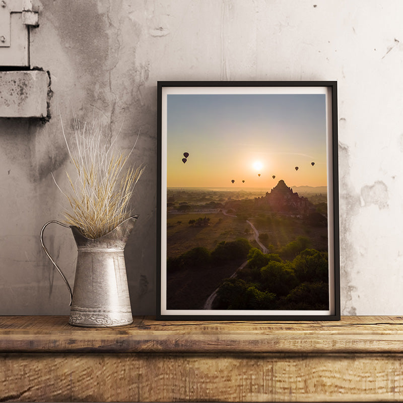 Bagan temple with hot air balloons in Myanmar