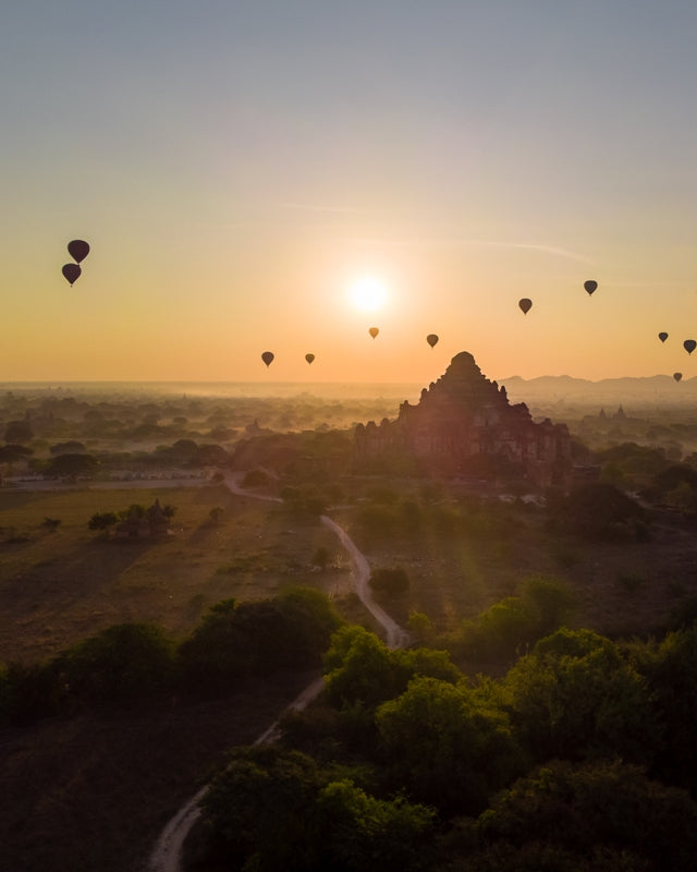Bagan temple with hot air balloons in Myanmar