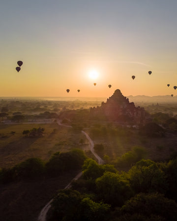 Bagan temple with hot air balloons in Myanmar