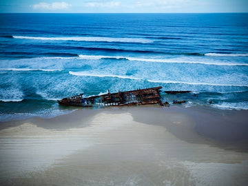 Aerial photo of the Maheno Shipwreck on K'gari (Fraser Island)